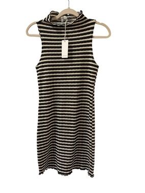 Antistar Black Cream Striped Ribbed Knit Mock Neck Dress Sleeveless S NWT